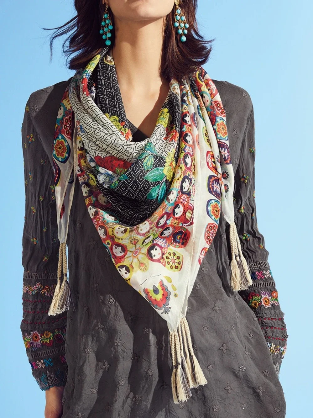 Johnny Was  Cream Multi-Color Floral & Folk Scarf with Tassel